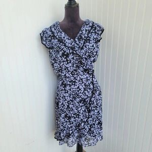 JBS Cap Sleeve V Neck Sheer Floral Lined Dress Black White Size 16